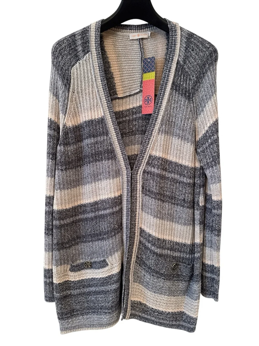 ⭐️NWT⭐️Tory Burch Multi Blue Erin Knit Cardigan Open-Front & Two Button pockets